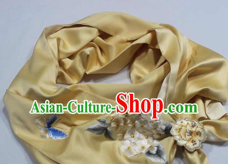 Chinese Traditional Embroidered Plum Butterfly Scarf with Brooch Yellow Silk Tippet Cheongsam Accessories