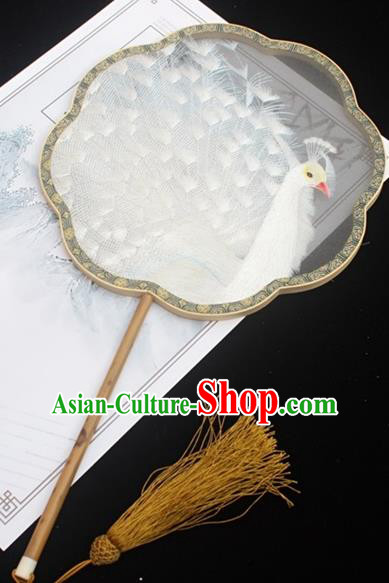 China Double Side Embroidered Fan Handmade Embroidery White Peacock Fan Classical Silk Palace Fan Traditional Court Fan