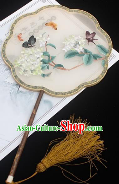 China Handmade Embroidery Flowers Butterfly Fan Double Side Embroidered Fan Traditional Court Fan Classical Silk Palace Fan