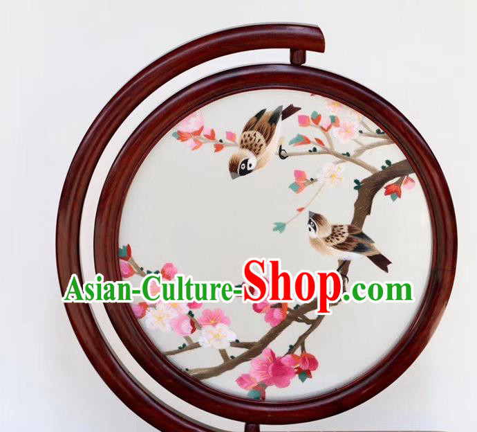 Traditional China Handmade Rosewood Carving Table Decoration Embroidered Plum Birds Painting Desk Screen