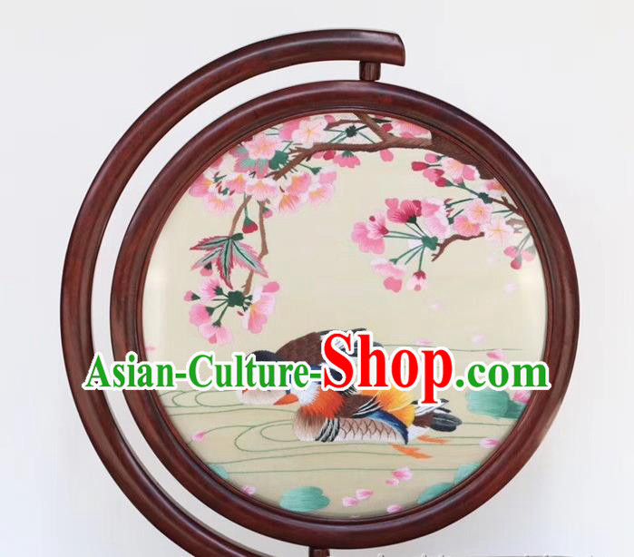 Traditional China Mandarin Duck Painting Handmade Rosewood Carving Table Decoration Embroidered Desk Screen Craft