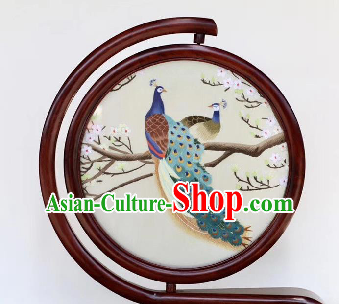 Traditional China Peacock Painting Craft Handmade Rosewood Carving Table Decoration Embroidered Desk Screen