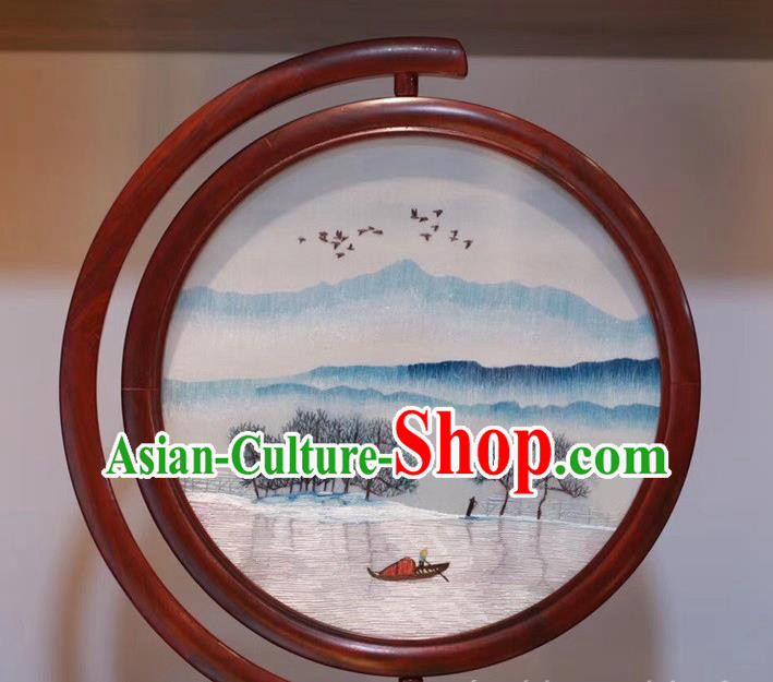 Traditional China Handmade Rosewood Carving Table Decoration Desk Screen Embroidered Paysage Painting Craft