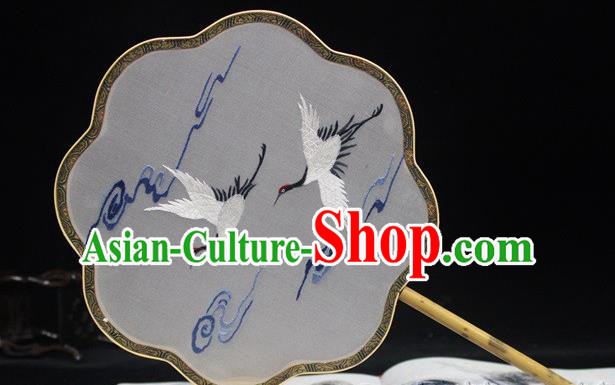 Handmade Embroidered Crane Silk Fan China Traditional Palace Fan Classical Dance Embroidery Fan