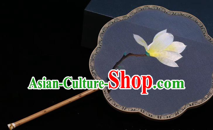 Blue Silk Fan China Traditional Handmade Embroidered Palace Fan Classical Dance Embroidery Yulan Magnolia Fan