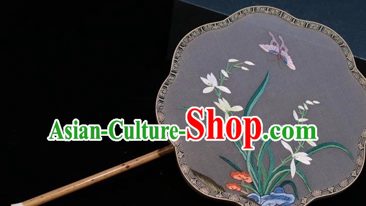 China Handmade Classical Dance Grey Silk Fan Traditional Embroidered Palace Fan Embroidery Orchids Fan