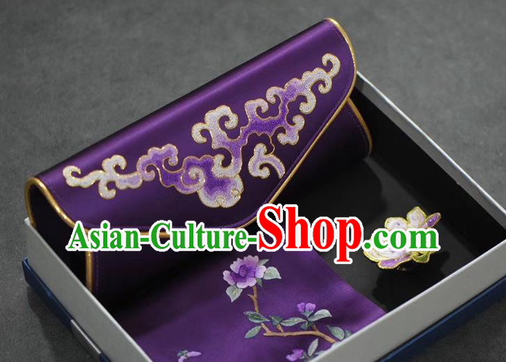 Chinese Embroidered Purple Silk Scarf and Handbag Brooch Traditional Suzhou Embroidery Cheongsam Accessories Set