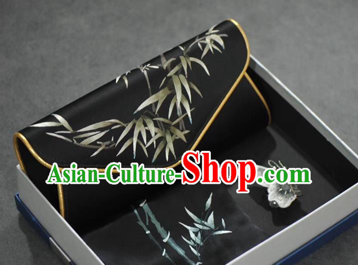 Chinese Suzhou Embroidery Bamboo Cheongsam Accessories Traditional Embroidered Black Silk Scarf and Handbag Brooch Set