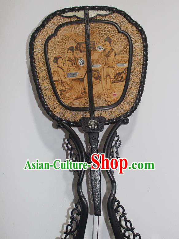 China Handmade Court Lady Pattern Rosewood Carving Fan Traditional Palace Fan Table Decoration