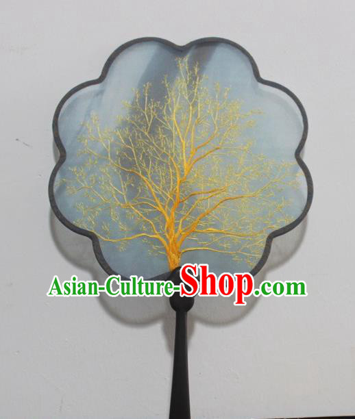 China Handmade Rosewood Fan Double Side Embroidery Palace Fan Traditional Embroidered Blue Silk Fan