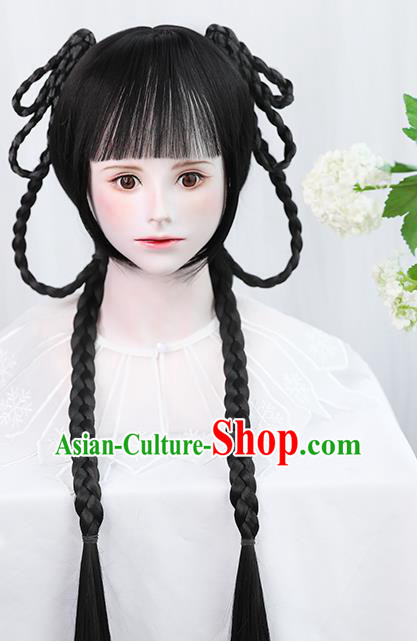 Chinese Qing Dynasty Young Female Bangs Wigs Best Quality Wigs China Cosplay Wig Chignon Ancient Village Girl Wig Sheath