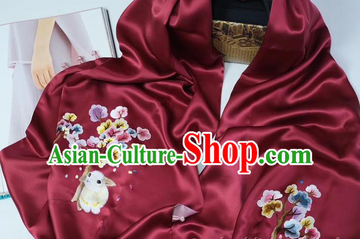 Chinese Wine Red Silk Tippet Accessories Cheongsam Embroidery Osmanthus Rabbit Cappa Traditional Embroidered Scarf