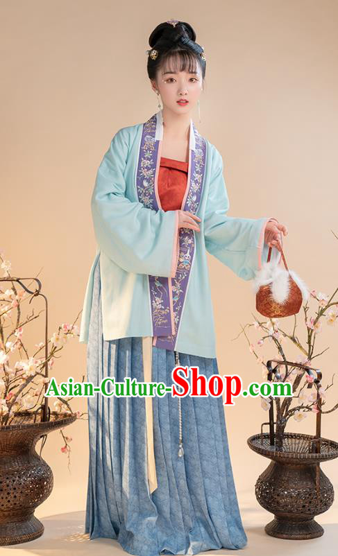 China Ancient Song Dynasty Nobility Female Hanfu Clothing Embroidered Blue Blouse Top and Skirt for Women