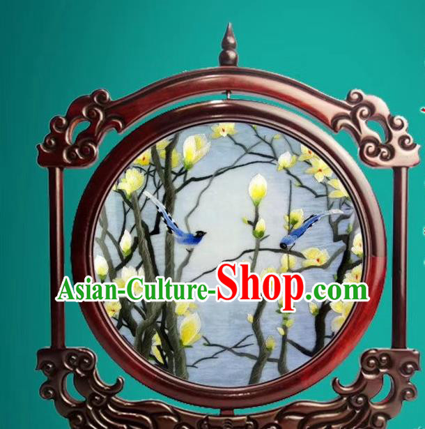 China Suzhou Exquisite Embroidered Desk Screen Handmade Rosewood Decoration Traditional Double Side Embroidery Yulan Magnolia Craft