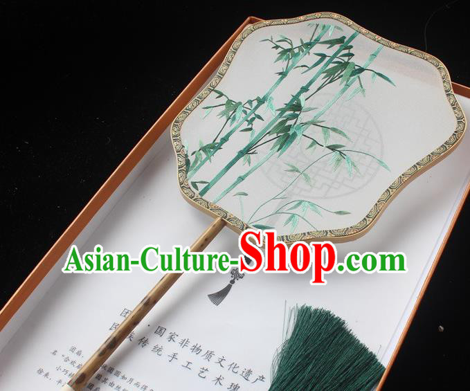 China Classical Dance Embroidered Palm Leaf Fans Suzhou Embroidery Bamboo Palace Fan Handmade Silk Fan