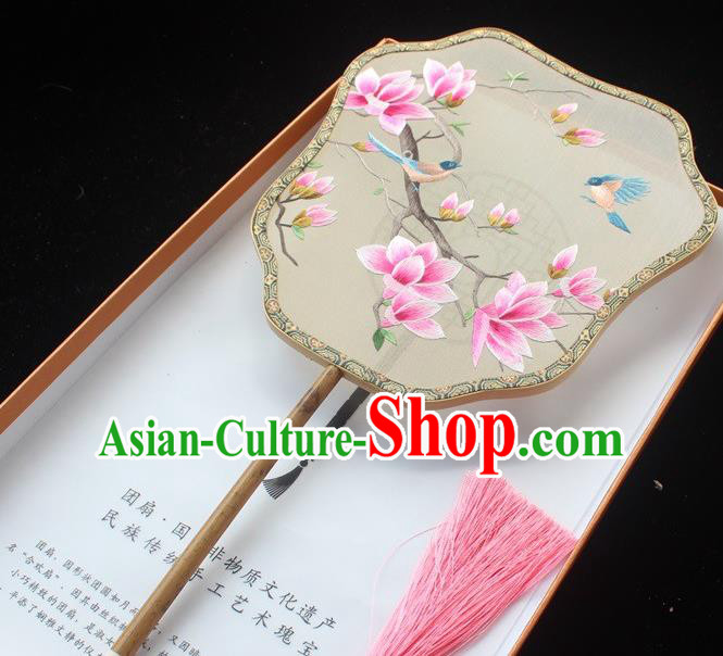 Embroidered Silk Fans China Handmade Suzhou Embroidery Pink Mangnolia Palace Fan Classical Dance Fan