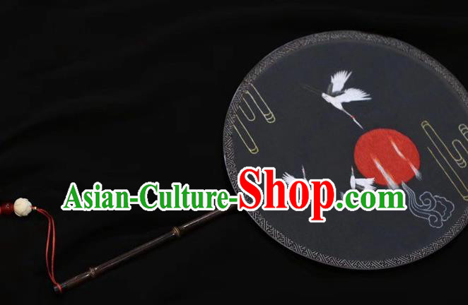 China Round Fan Handmade Suzhou Embroidery Cranes Palace Fan Embroidered Silk Fans Traditional Dance Double Side Fan