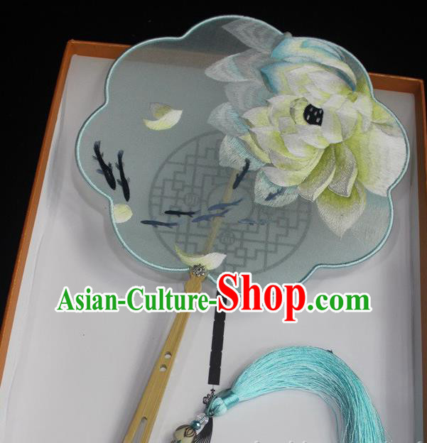 China Embroidery Lotus Palace Fan Court Silk Fan Traditional Hanfu Fan Handmade Suzhou Embroidered Dance Fan