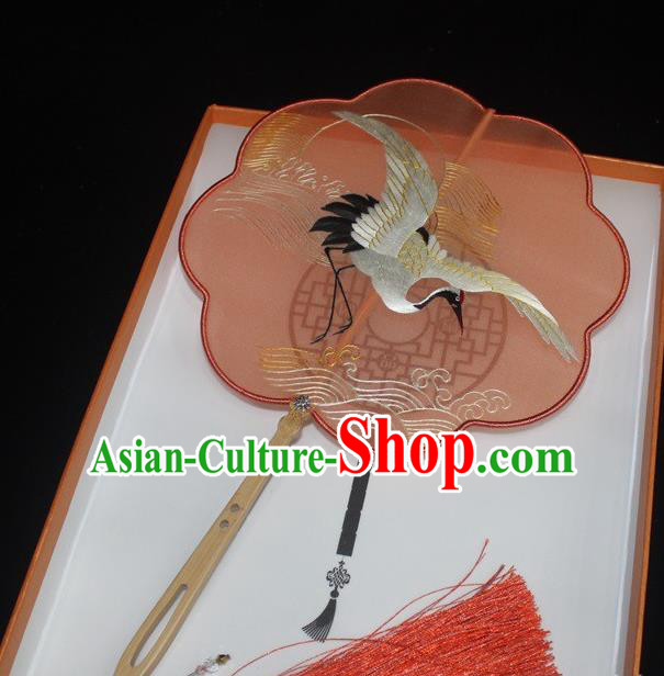 China Traditional Court Hanfu Fan Handmade Red Silk Fan Suzhou Embroidered Fan Embroidery Crane Palace Fan