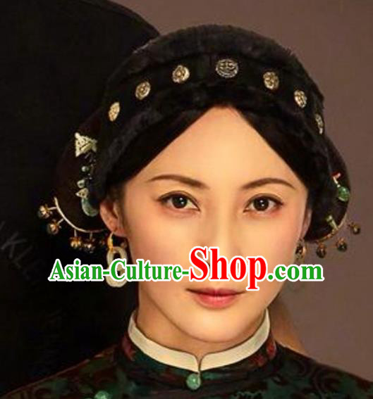 China Ancient Rich Mistress Earrings Handmade Traditional Qing Dynasty Women Jade Ear Accessories
