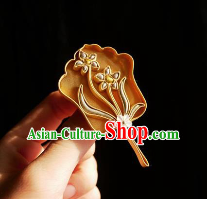 China Handmade Silk Brooch Traditional Cheongsam Accessories Golden Orchids Fan Breastpin