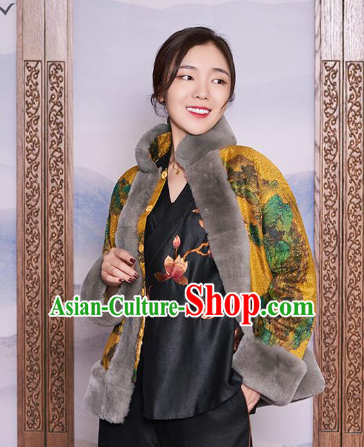 Chinese Women Winter Outer Garment Yellow Watered Gauze Coat Traditional National Clothing Jacket