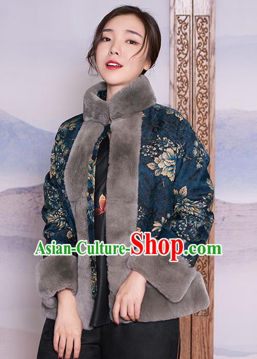 Chinese Navy Jacket Women Winter Outer Garment Watered Gauze Coat Traditional National Clothing