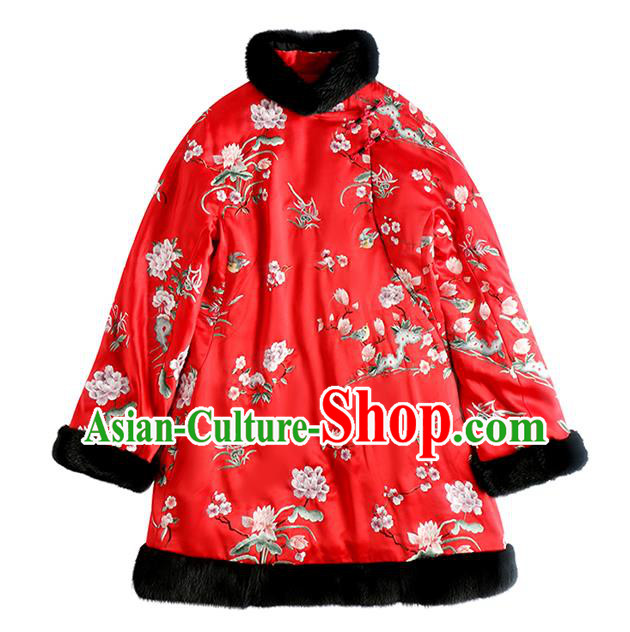 Chinese Traditional National Clothing Winter Outer Garment Women Embroidered Cotton Wadded Coat Red Satin Jacket