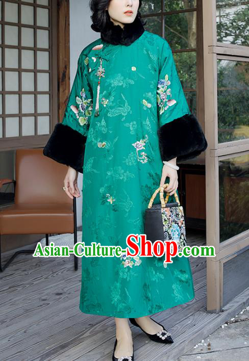 Traditional China Embroidered Flowers Green Satin Cheongsam Classical Qipao Dress National Winter Clothing for Women