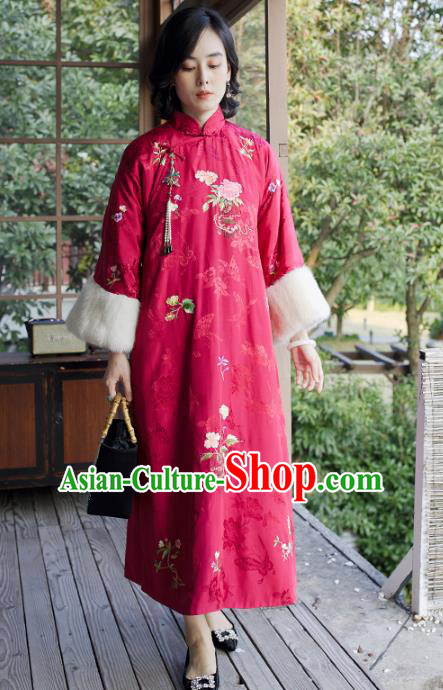 Traditional China Classical Qipao Dress National Winter Clothing Embroidered Flowers Rosy Satin Cheongsam for Women