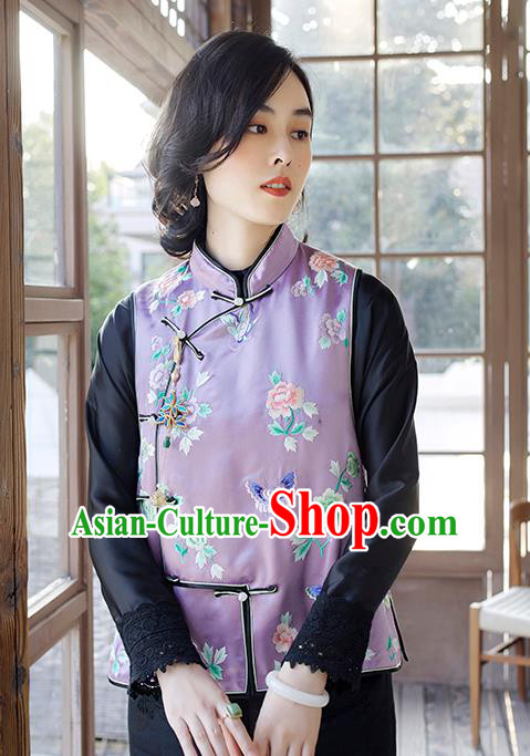 Traditional China Classical Cheongsam Vest National Clothing Embroidered Butterfly Peony Lilac Waistcoat for Women