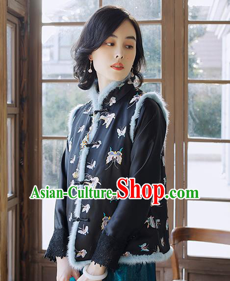 Traditional Embroidered Butterfly Waistcoat National Female Clothing China Classical Cheongsam Black Cotton Padded Vest