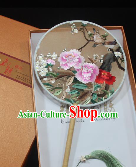 China Handmade Exquisite Embroidery Peony Plum Fan Traditional Palace Fan Ancient Princess Round Fan