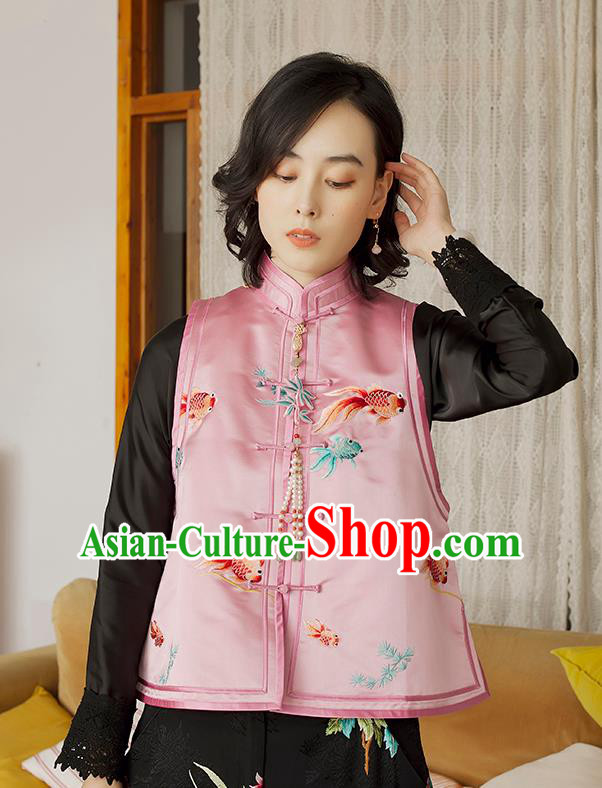 Traditional National Female Clothing China Classical Cheongsam Vest Upper Outer Garment Embroidered Pink Satin Waistcoat