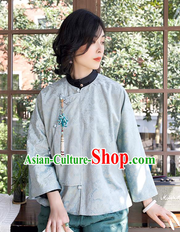 Chinese Traditional Blue Jacquard Short Coat Outer Garment National Clothing Women Jacket