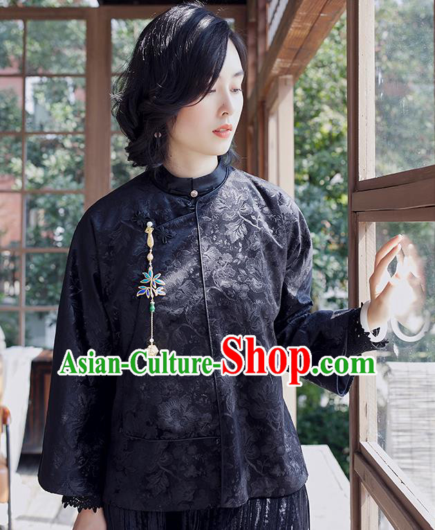 Chinese Traditional Outer Garment National Clothing Women Jacket Black Jacquard Short Coat