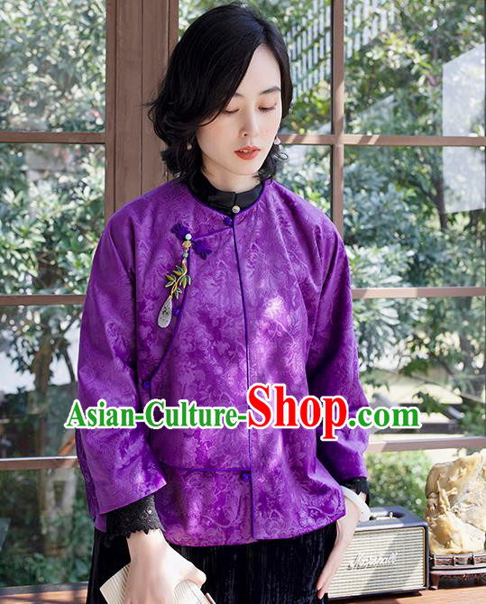 Chinese National Clothing Women Jacket Purple Jacquard Short Coat Traditional Outer Garment