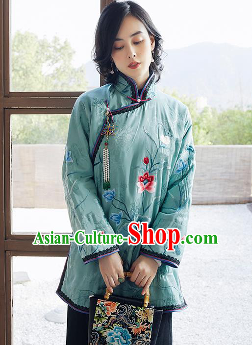 Chinese Traditional Women Blue Cotton Wadded Jacket Embroidered Lotus Coat Winter Outer Garment National Clothing