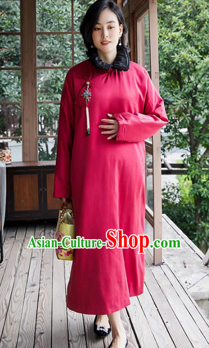 China Classical Cheongsam Traditional National Female Clothing Magenta Cotton Wadded Qipao Dress