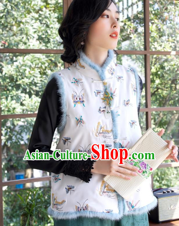 Traditional China Embroidered Butterfly Waistcoat National Female Clothing Classical Cheongsam White Cotton Padded Vest