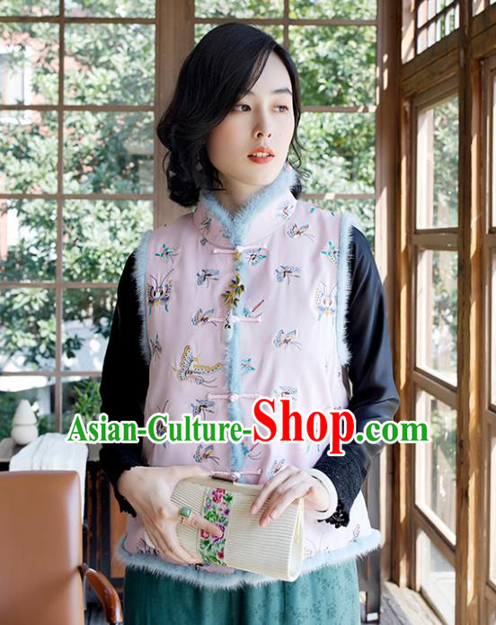 Traditional China Classical Cheongsam Pink Cotton Padded Vest Embroidered Butterfly Waistcoat National Female Clothing