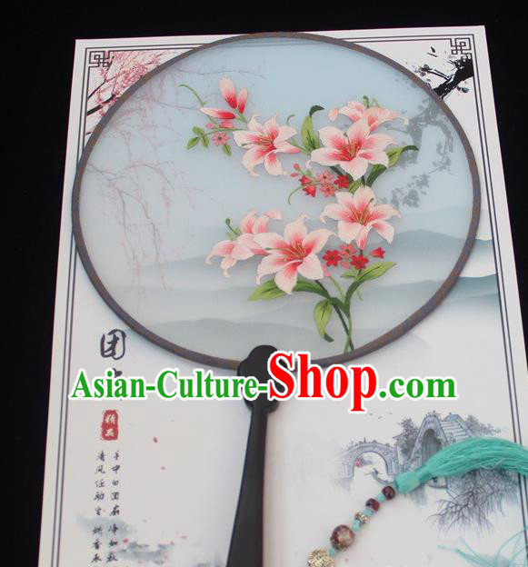 Traditional Handmade Palace Fan China Ancient Princess Round Fan Exquisite Embroidery Lily Flowers Fan