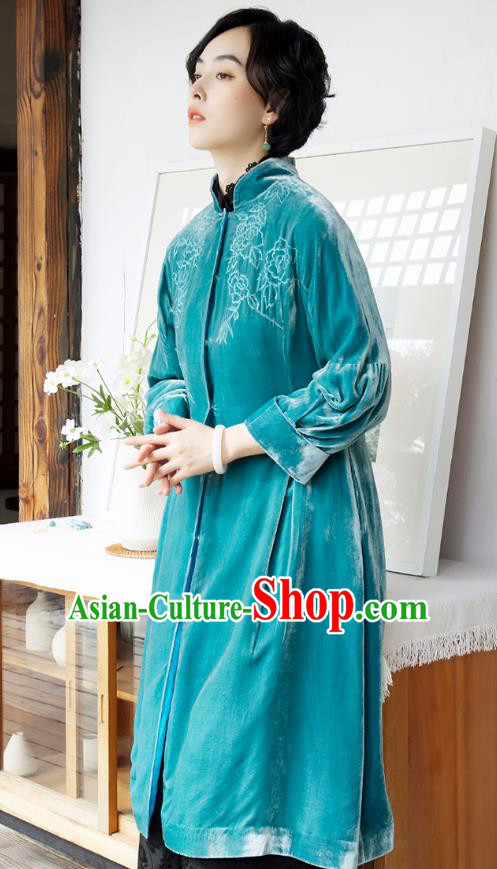 Chinese Traditional Clothing Women Blue Velvet Coat Outer Garment