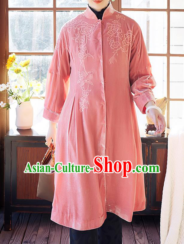 Chinese Women Embroidered Pink Velvet Coat Outer Garment Traditional Clothing