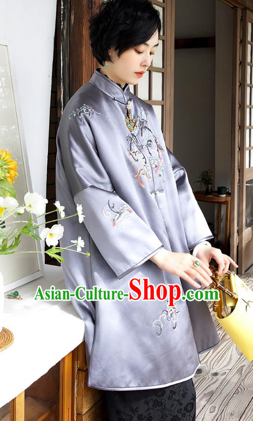 Chinese Women Embroidered Lilac Satin Coat Outer Garment Traditional Winter Clothing