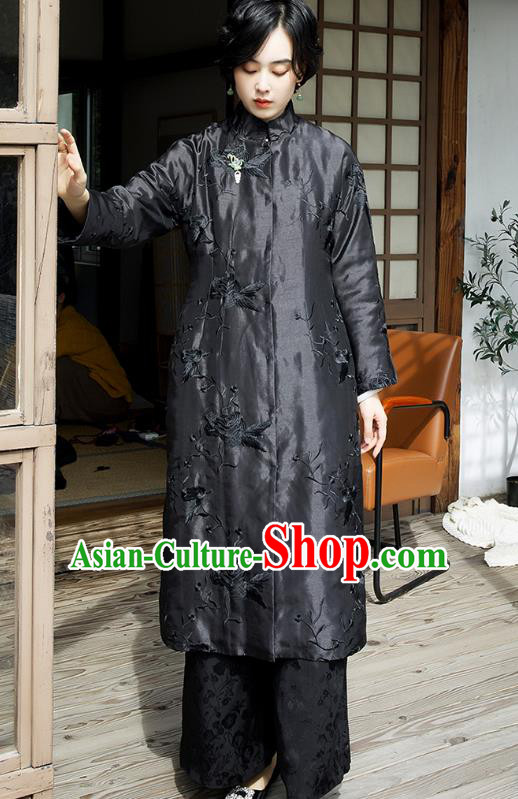 Chinese Winter Cotton Padded Coat Outer Garment Traditional National Clothing Women Embroidered Black Coat