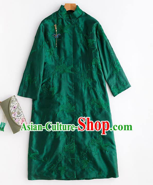 Chinese Winter Deep Green Cotton Padded Coat Traditional National Clothing Women Embroidered Coat Outer Garment