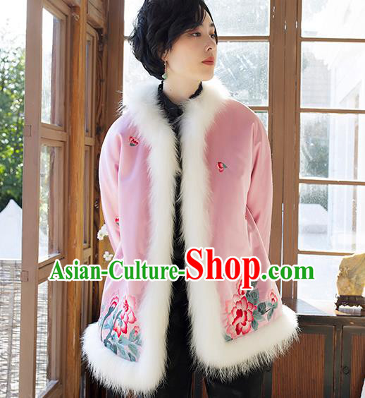 Chinese Winter Cotton Padded Jacket Traditional National Clothing Women Outer Garment Embroidered Pink Silk Coat