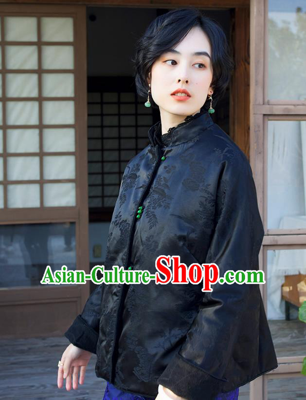 Chinese Winter Black Silk Cotton Padded Jacket Traditional National Clothing Embroidered Coat Women Outer Garment