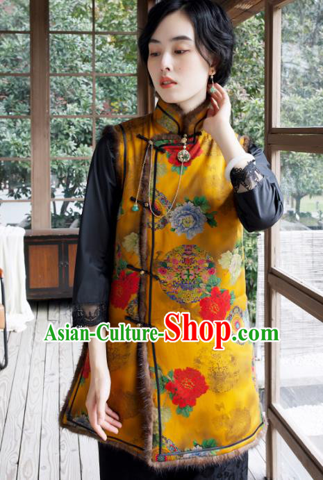 China National Clothing Traditional Cheongsam Winter Vest Yellow Watered Gauze Cotton Wadded Waistcoat for Women